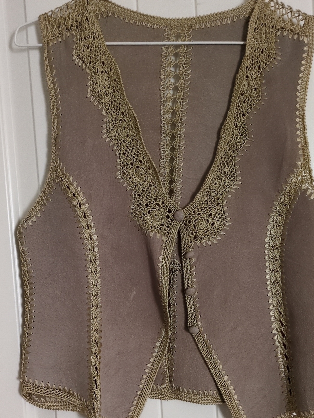 Taupe Suede Vest with Crochet Trim